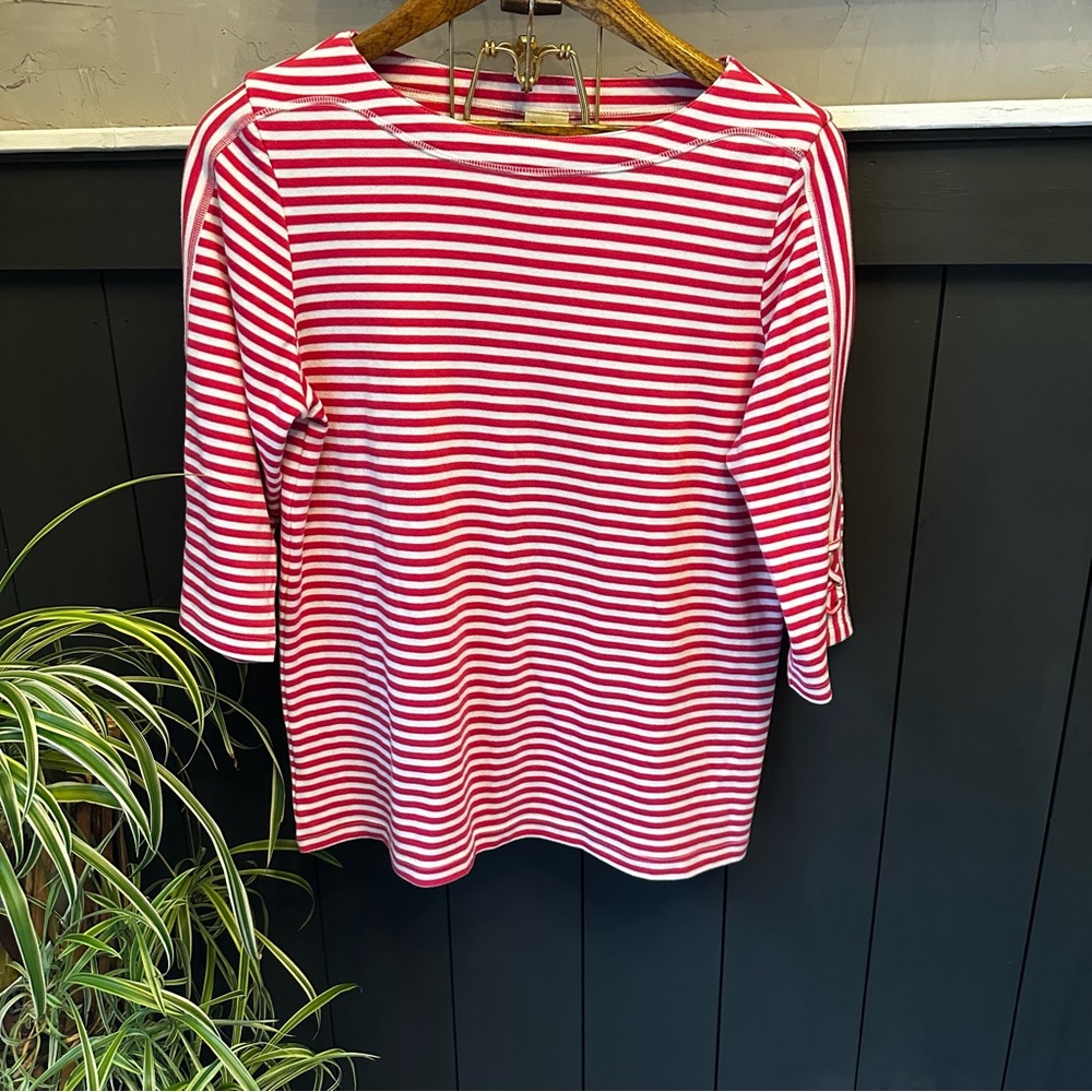 Blair Pink Coral & White Striped Cotton-Blend Round Neck Top Size‎ Medium